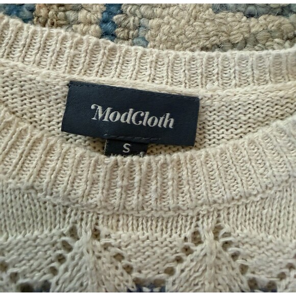 ModCloth Cream Pointelle Knit Short Sleeve Sweater Striped Boho Size S - Picture 3 of 6